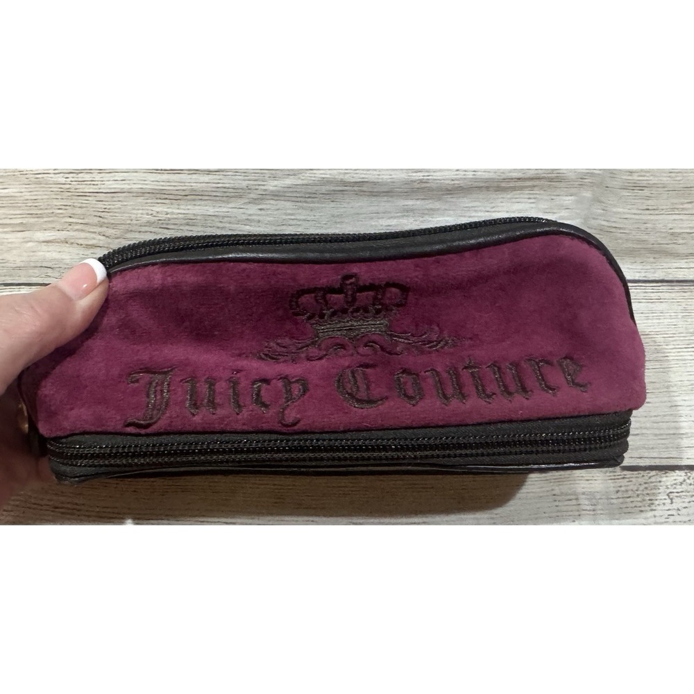 VTG Juicy Couture Y2K Make Up Case Pencil Bag Purple Wine Velvet Embroidered T10